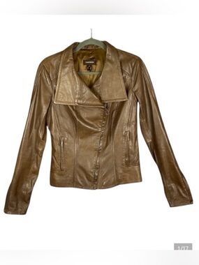 Danier Tan Brown Soft Classic genuine Leather Moto Biker Zip Up Jacket Sz S